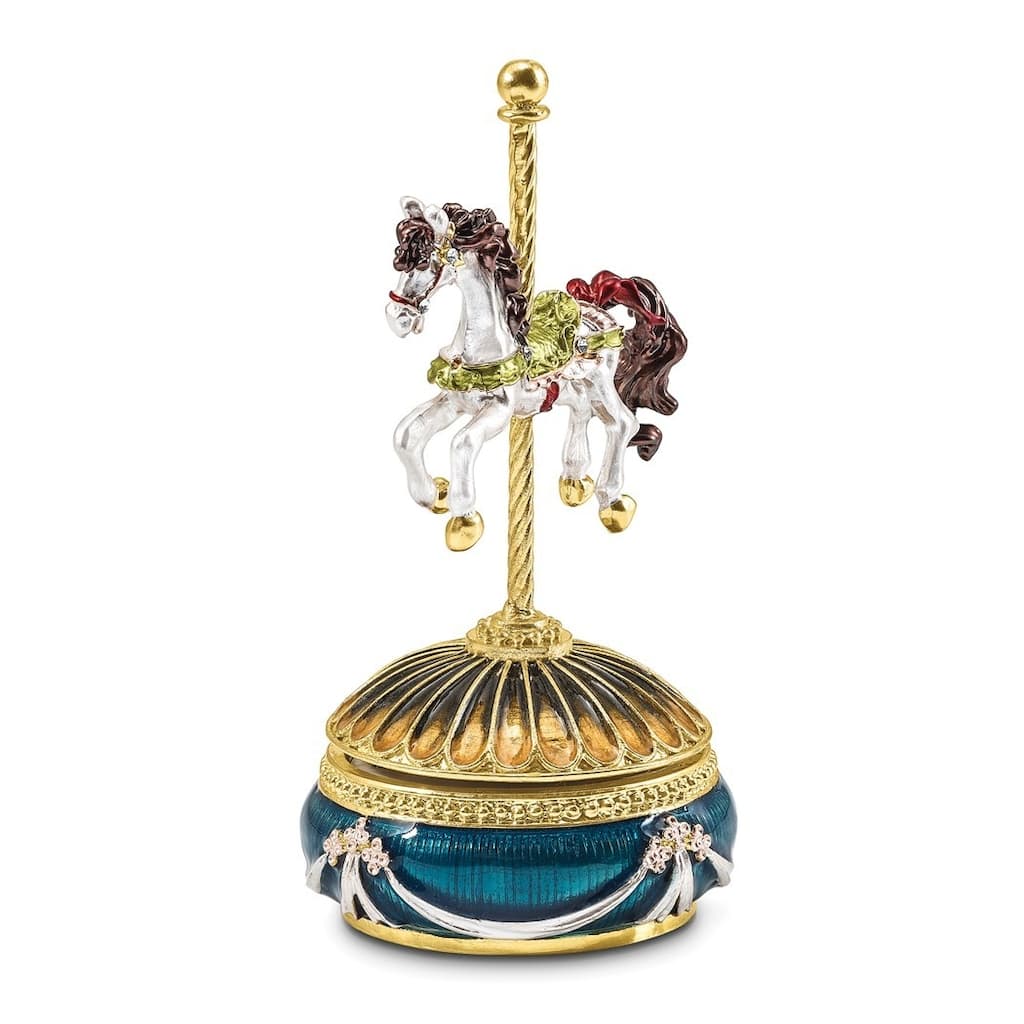 Curata Pewter Crystals Gold-Tone Enameled Pal (Plays ItS a Small World) Carousel Horse Musical Figurine