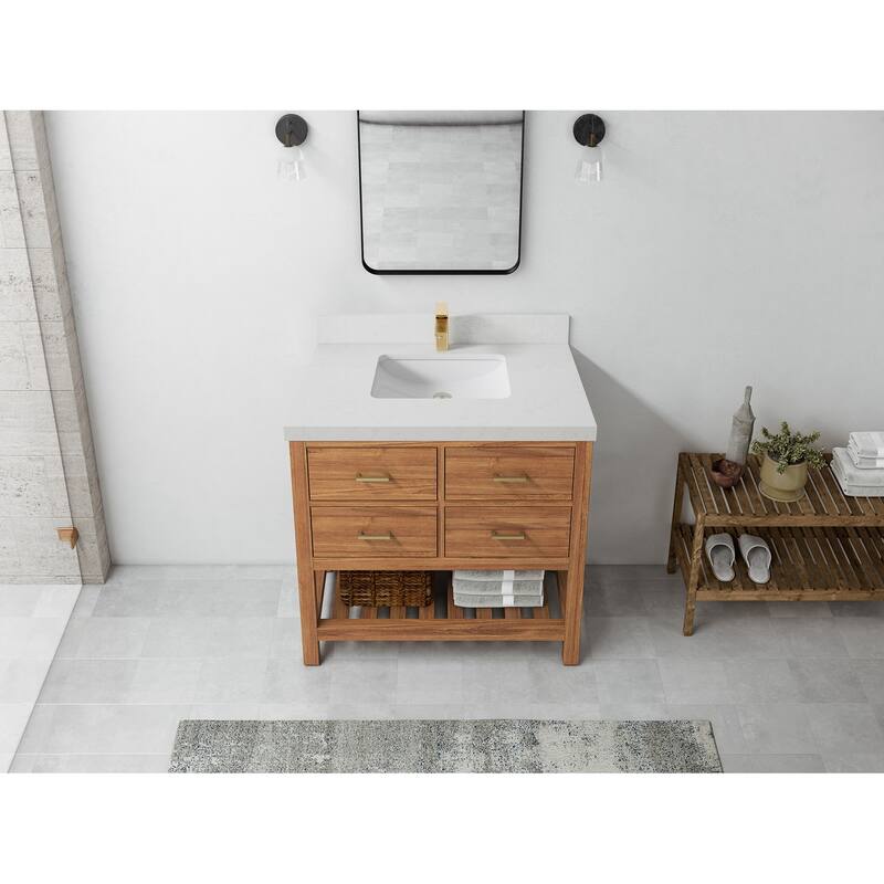 Willow Collections 36 in. W x 22 in. D Parker Solid Teak Wood Single Sink Bathroom Vanity with Quartz or Marble Countertop - 2"Carrara Quartz - Golden Teak