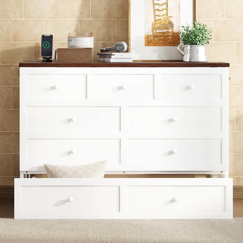 Murphy Bed Cabinet Full with Storage Drawer and Charging Station, USB Port, Solid Pine Murphy Bedframe for Home Office