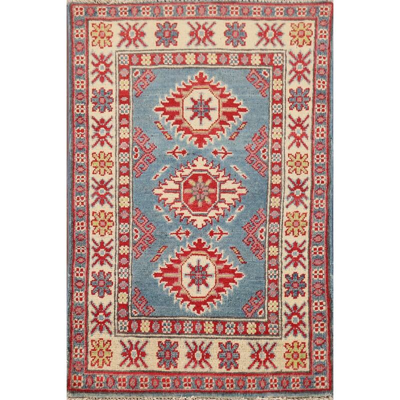 Hand Knotted Oriental 100% Wool Carpet Traditional Geometric Navy Blue & Blues Kazak Area Rug - 3' 1'' X 2' 0''