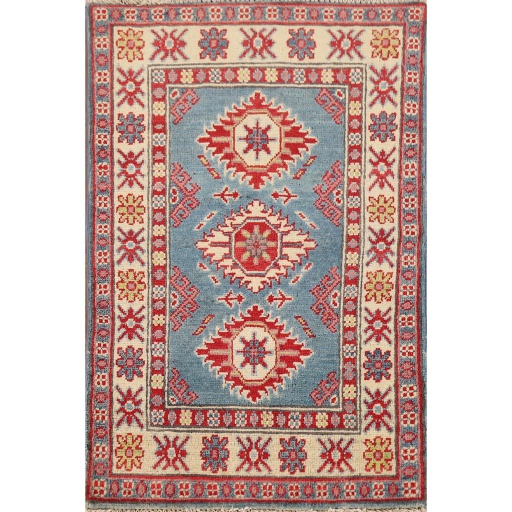 Hand Knotted Oriental 100% Wool Carpet Traditional Geometric Navy Blue & Blues Kazak Area Rug - 3' 1'' X 2' 0''