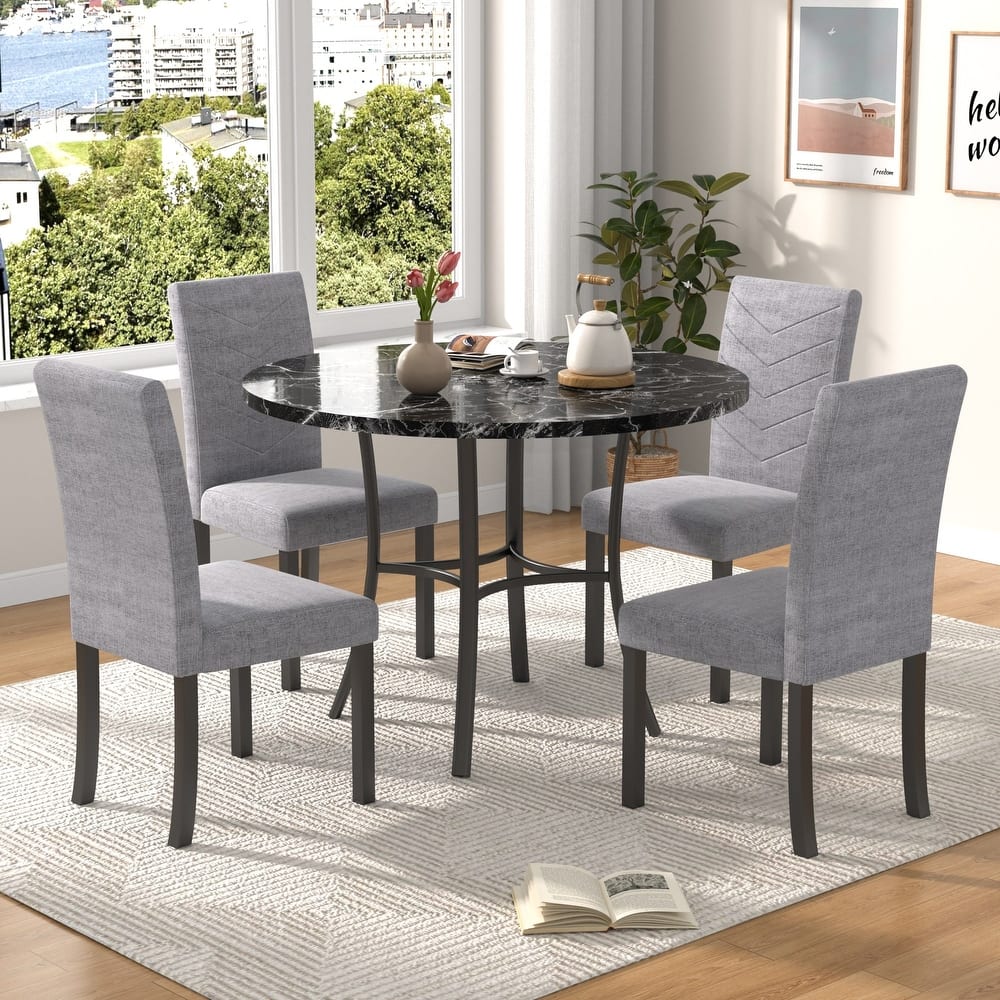 VECELO 5-piece Dining Set, Round Dining Table Set with Upholstered Parsons Dining Chairs for Small Space