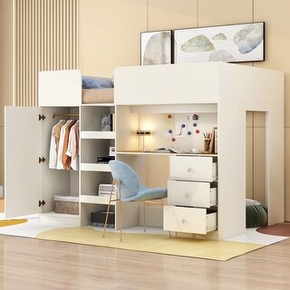 Full Size Wood Loft Bed with Built-in Wardrobe, Desk, Storage Shelves and Drawers, Beige