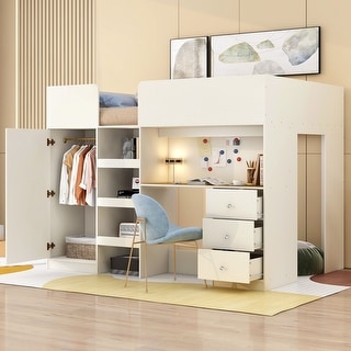 Guardrails Loft Bed, Full Size Multifunctional Wood Loft Bed with Desk, Storage Bed Frame with Wardrobe, Drawers, Shelves