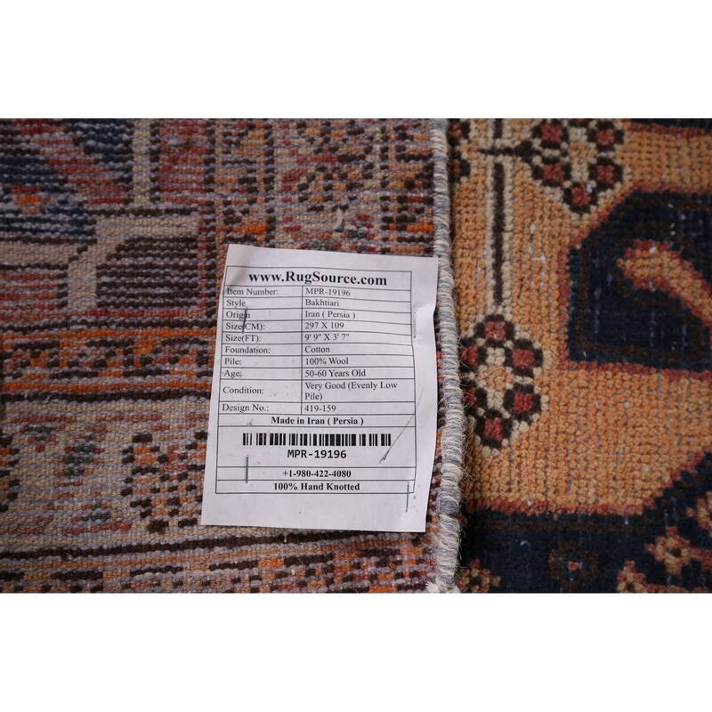 Distressed Bakhtiari Vintage Persian Runner Rug Handmade Wool Carpet - 3'7" x 9'9"