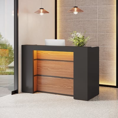Modern Reception Desk with LED Lights, 63 Inches Front Counter Table for Reception Room, Lobby, Beauty Salon, Retail