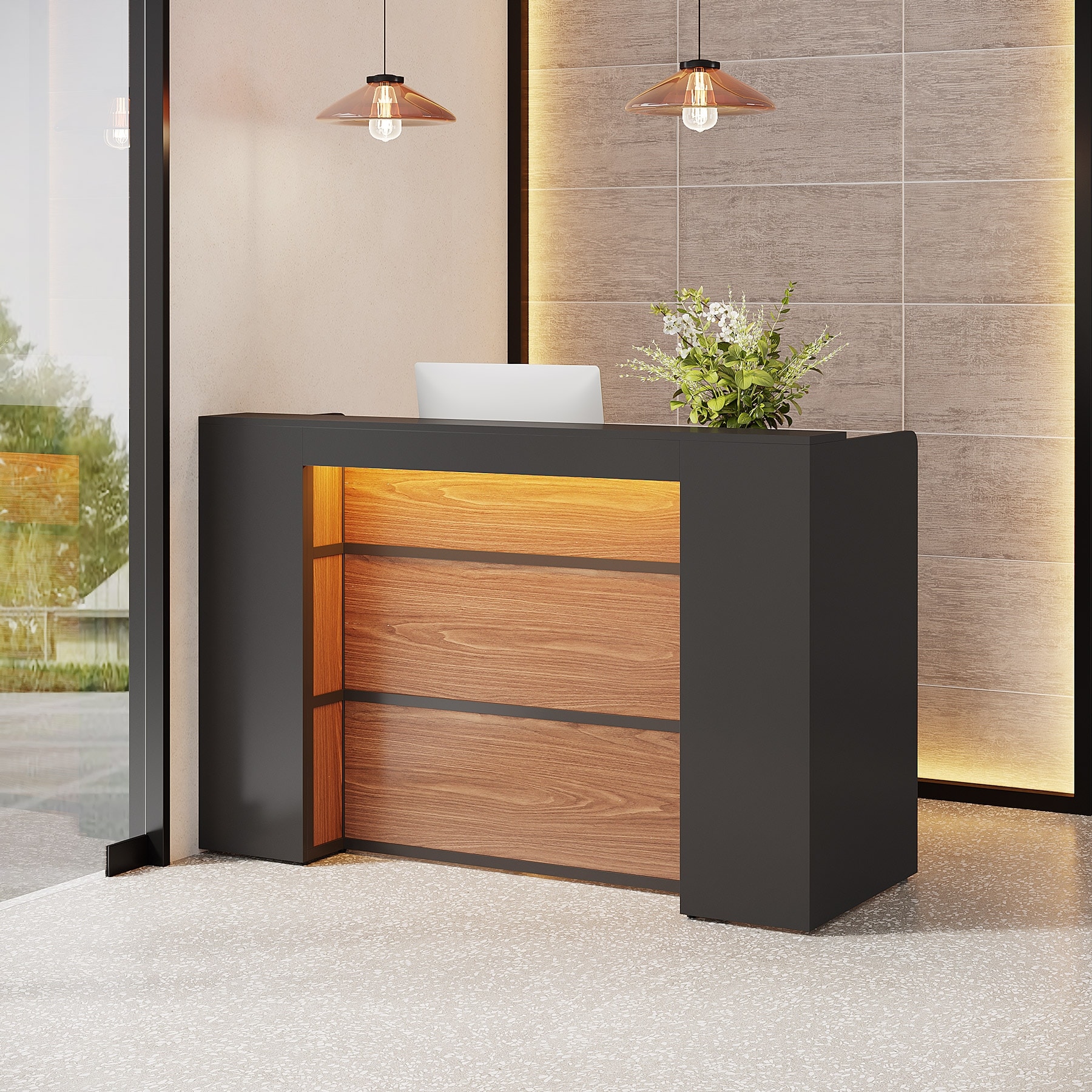Modern Reception Desk with LED Lights 63 Inches Front Counter Table for Reception Room Lobby Beauty Salon Retail