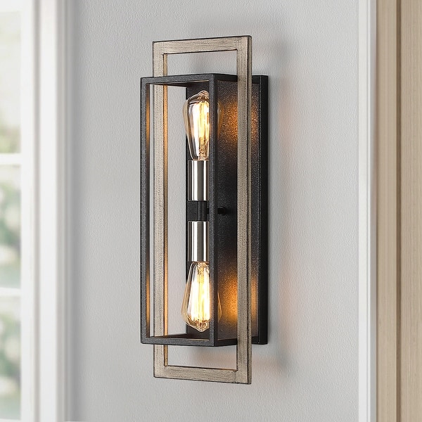 slide 2 of 10, 2-Light Black/Wood Tone Dimmable Rustic Farmhouse Wall Sconce - 20"H x 7"W x 5"D - 7 in. W 7 in. W
