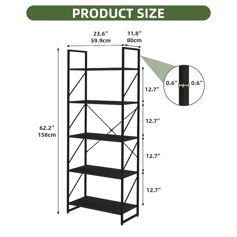 Moasis Industrial 62" Tall 5-Tier Bookshelf Open Shelf Bookcase for Living Room