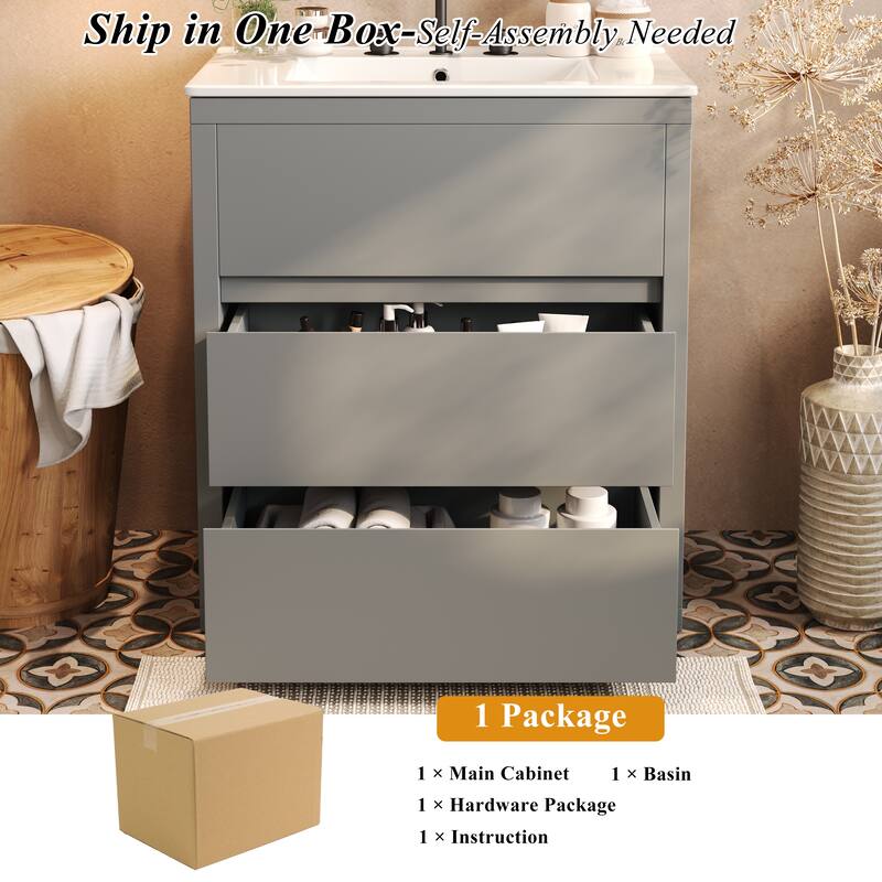 30"/60" Bathroom Vanity Set, Freestanding Bathroom Vanity Cabinet with Ceramic Sink Basin & Drawers