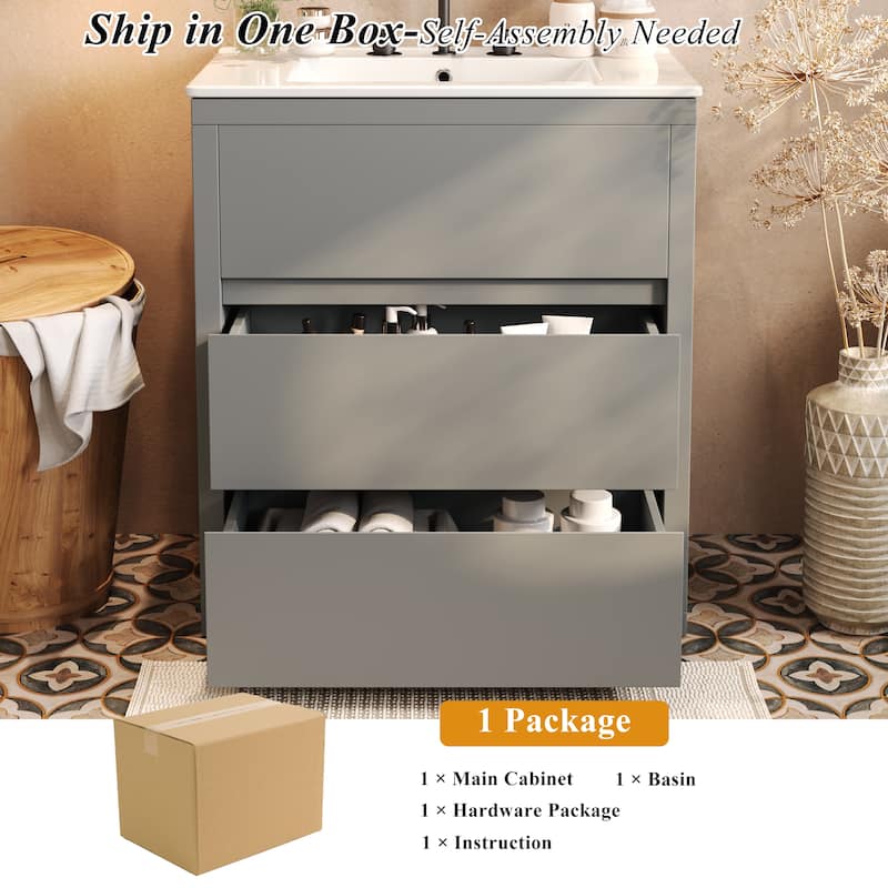 30" Freestanding Bathroom Vanity with Ceramic Sink, 2 Soft Close Drawers, Beveled Handleless Design