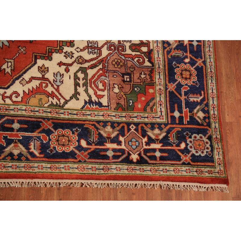 Orange Medallion Heriz Serapi Indian Area Rug Hand-Knotted Wool Carpet - 8'11"x 11'9"