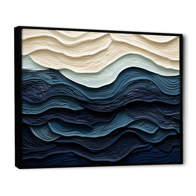 Designart "Blue And White Coastal Wave S Edge" Coastal Minimalism Blue Wall Decor Coastal Living Room Framed Canvas Art