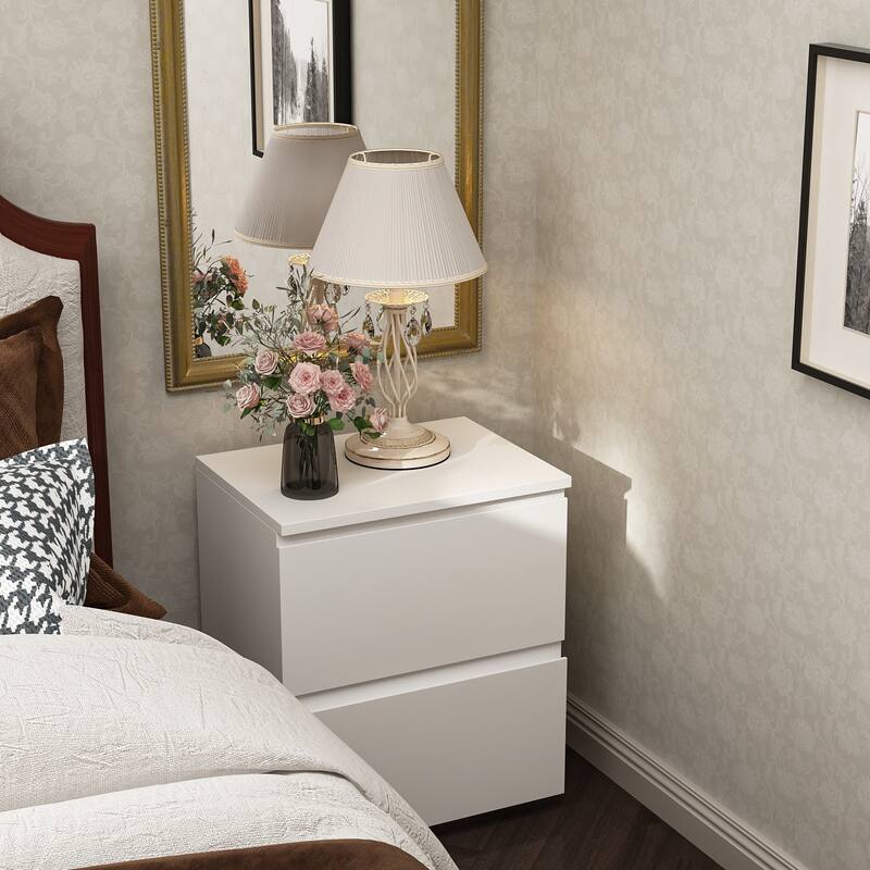 Minimalist White Bedside Table with Two Drawers, Nightstand for Bedroom or Living Room