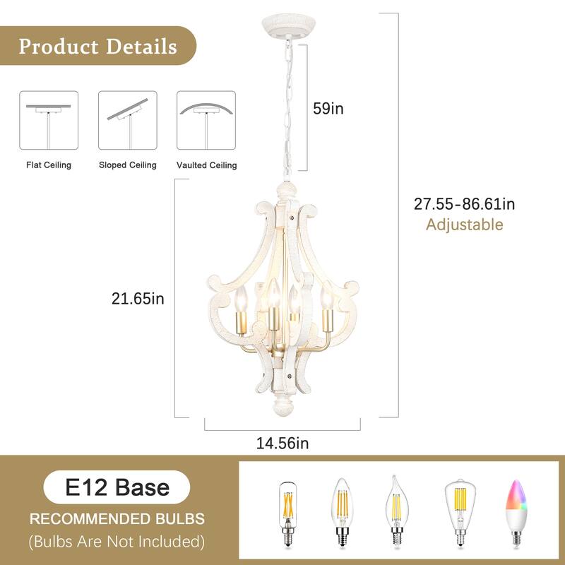 4-Light 14.56-inch Wooden Lantern Rustic Chandeliers for Entryway Hallway
