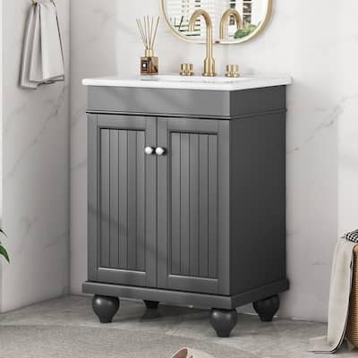 24" Modern Sleek Bathroom Vanity Elegant Ceramic Sink with Solid Wood Frame, Adjustable Shelf