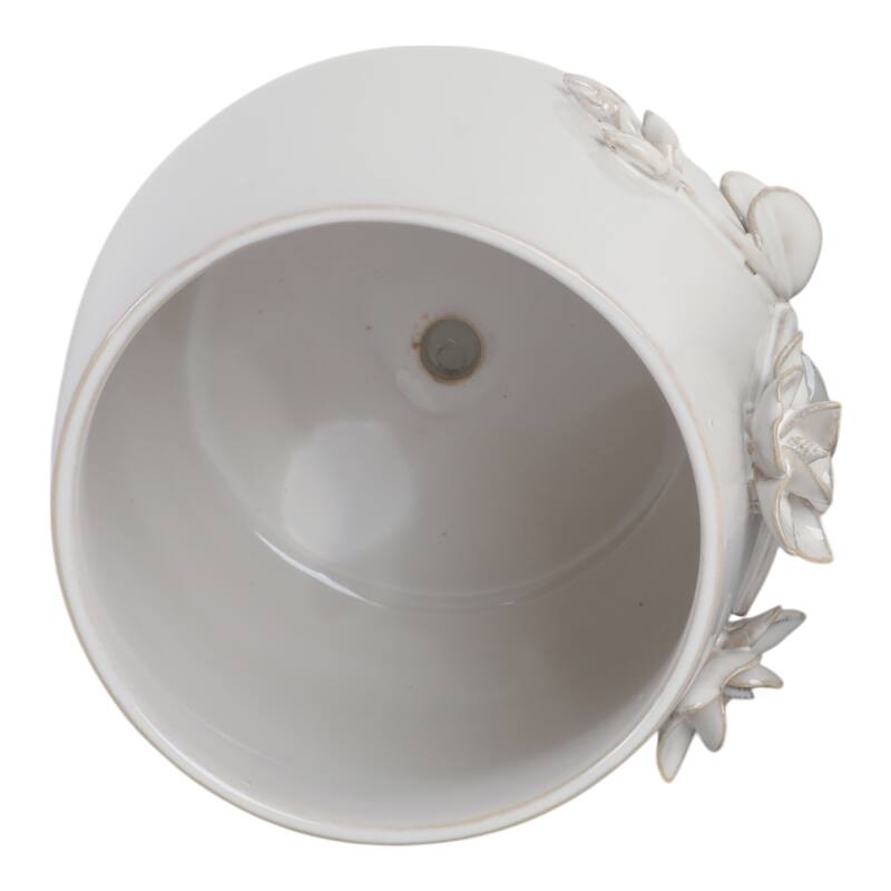 Decorative Ceramic Flower Planter with Flower Applique - Ivory