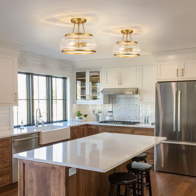 3-Light Industrial-style Black/Gold Lantern Glass Semi Flush Mount