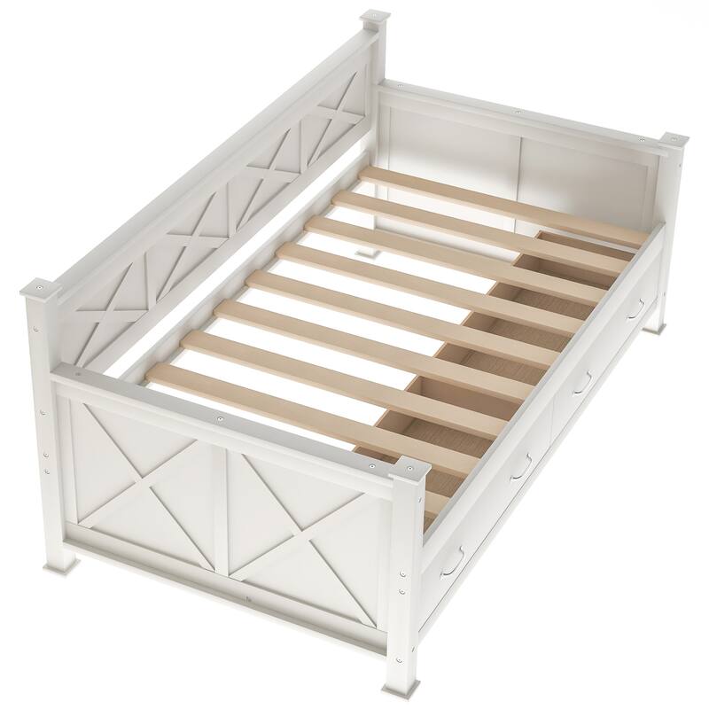 Twin Size Daybed with X-shaped Pattern & 2 Storage Drawers, Cream White