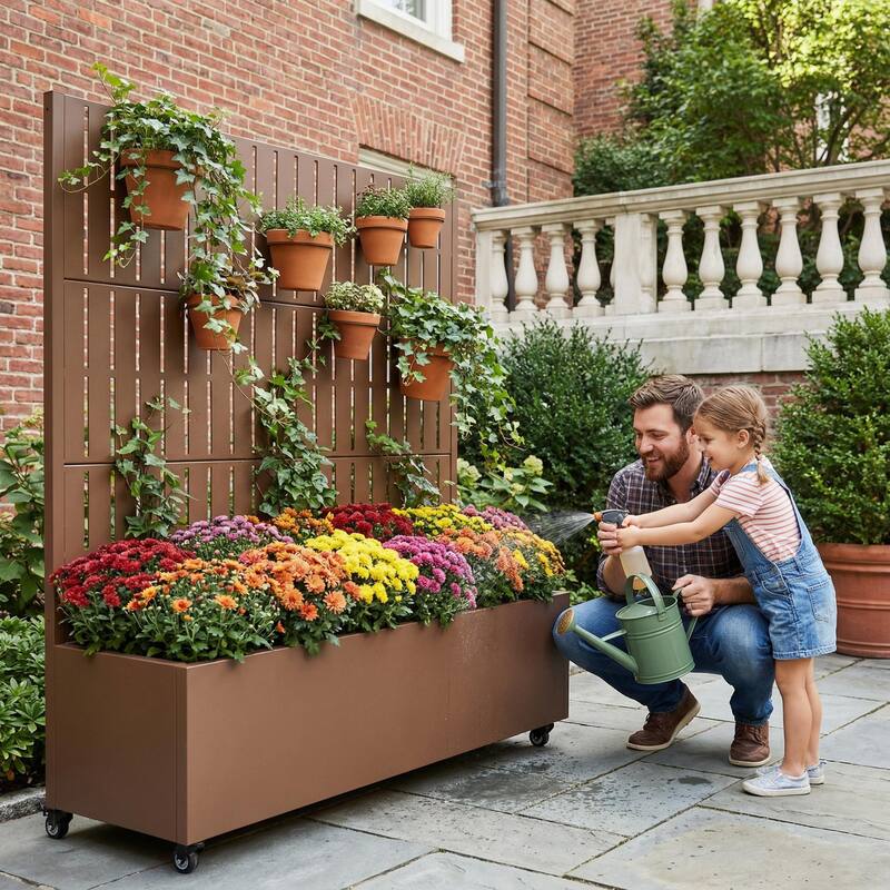 Raised Garden Bed Planter with Trellis Movable Planter Box with Lockable Wheels