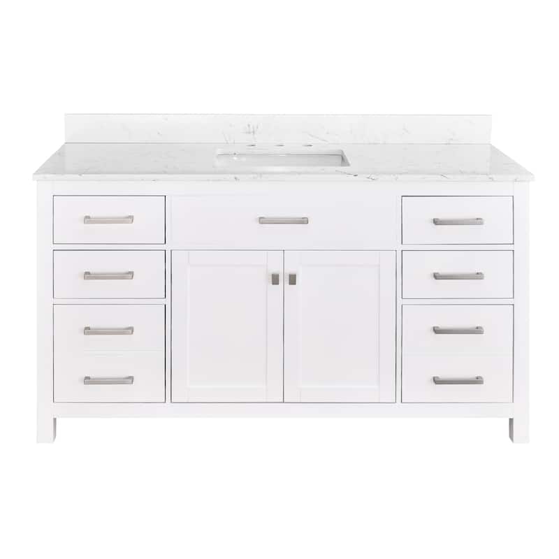 Prismatica Single Sink Bathroom Vanity 60 in White, Marble Countertop & Splash - Cultured Marble Top Vanity