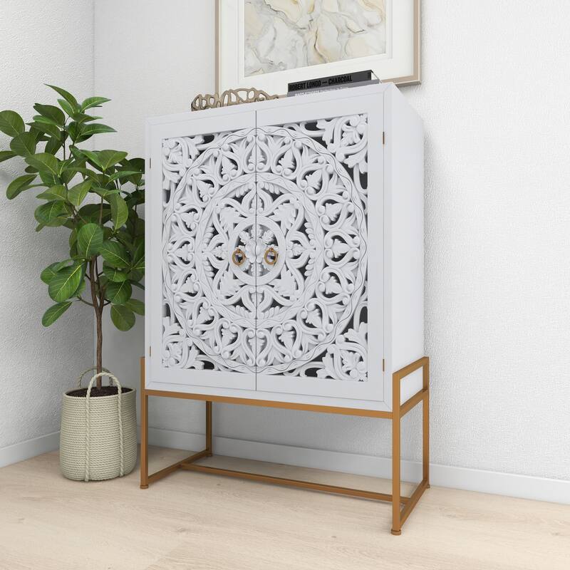 Wood Floral Intricately Carved 1 Shelf and 2 Doors Room Cabinet - White - Roche River Decor