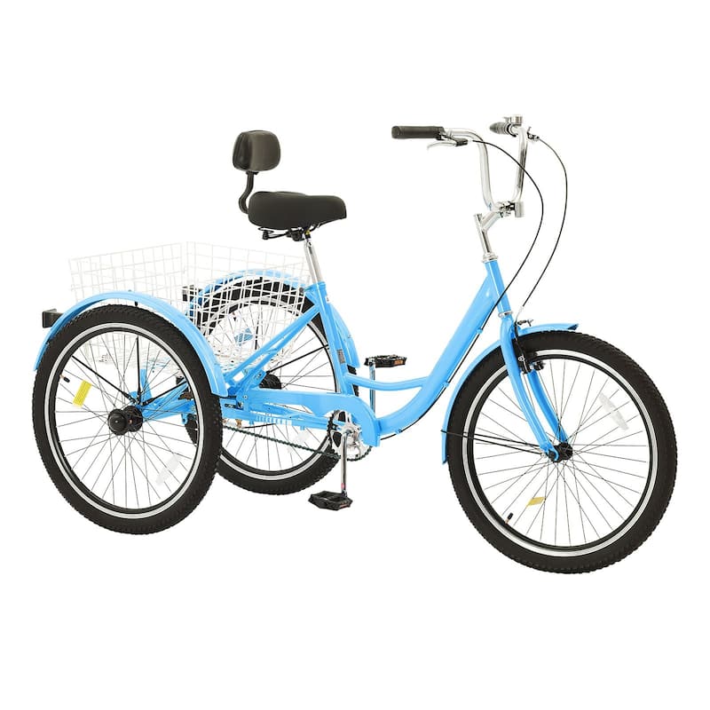 Blue Carbon Steel Adult Tricycle with Large Basket and Adjustable Height - 68.5” L x 29.9” W x 44.9” H