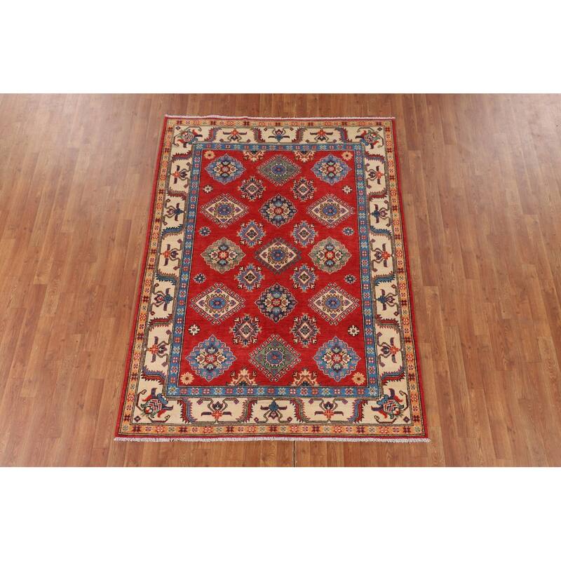 Geometric Kazak Rug Hand-Knotted Bedroom Wool Carpet - 5'2" x 7'0"