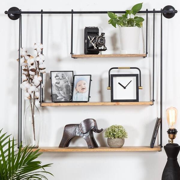 slide 17 of 17, Luna Three Tier Suspended Wall Shelf - 37" x 6" x 30" 37" x 6" x 30" - Black