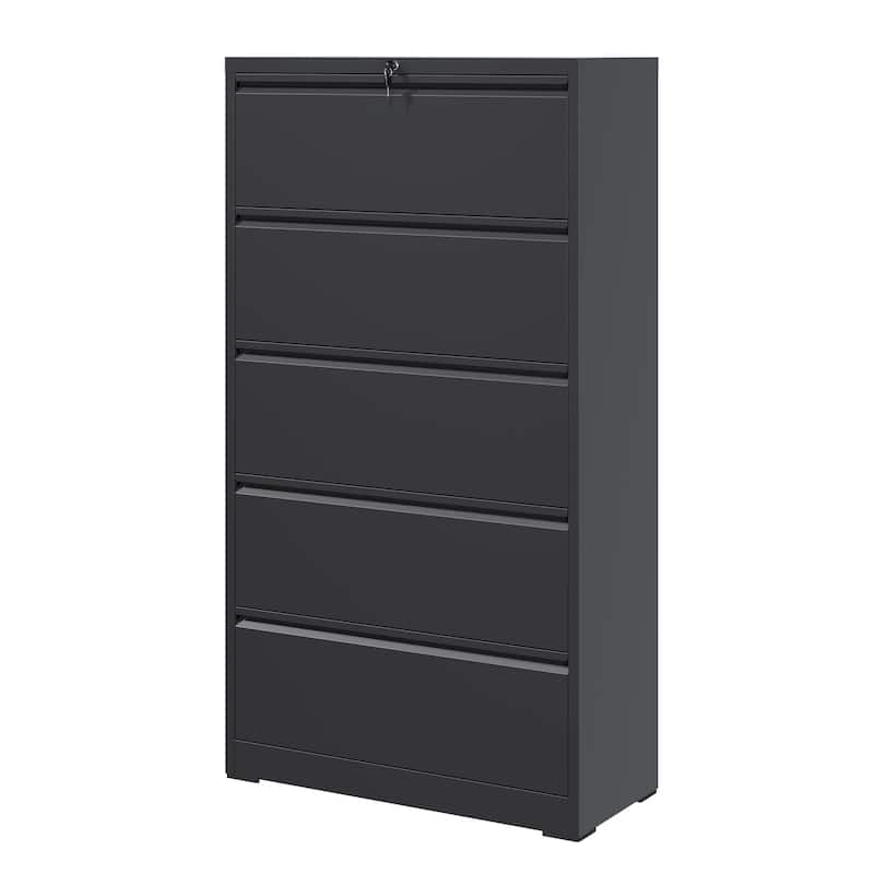 Modern File Cabinet Lateral File Cabinet Metal File Cabinet with 5 Drawers and Locks, for Home Offices, Black