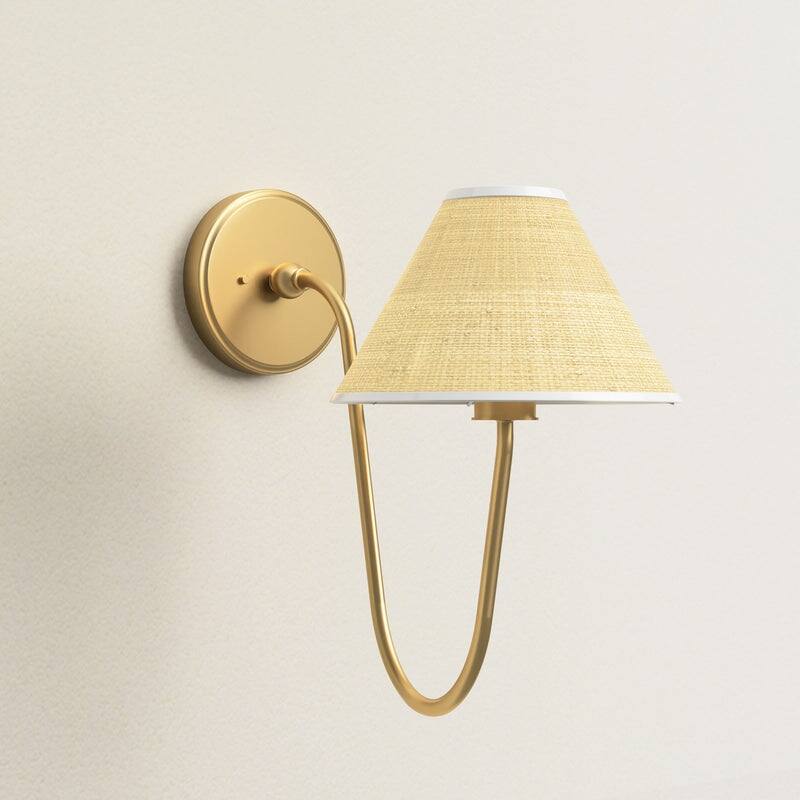 Rowabi Soleil Curve Arm Sconce - Metal, Raffia & Natural, Gold Wall Sconce for Bedroom, Hallway in Modern, Mid-Century Style - Round Cone Raffia Shade