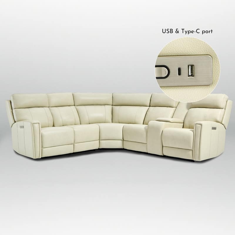 116" W L-Shaped Genuine Leather Power Reclining Sectional Sofa with Console, Ajustable Headrest, USB PortS, 1 Power Armlesschair