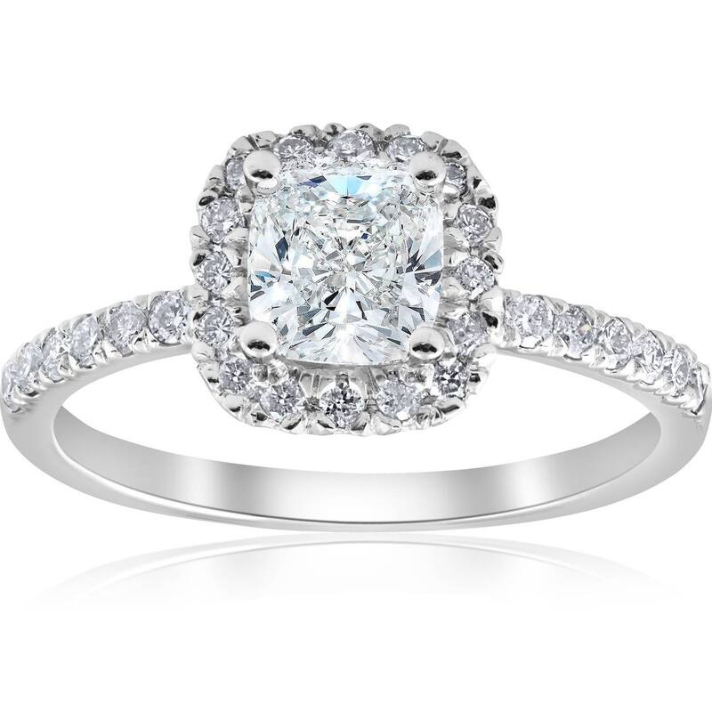 1 1/2Ct TW Cushion Diamond Halo Engagement Ring White Gold Lab Grown