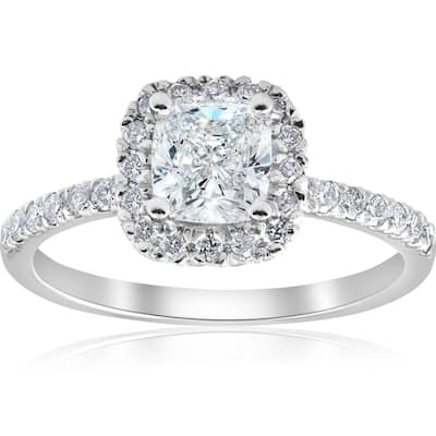 1 1/2Ct TW Cushion Diamond Halo Engagement Ring White Gold Lab Grown