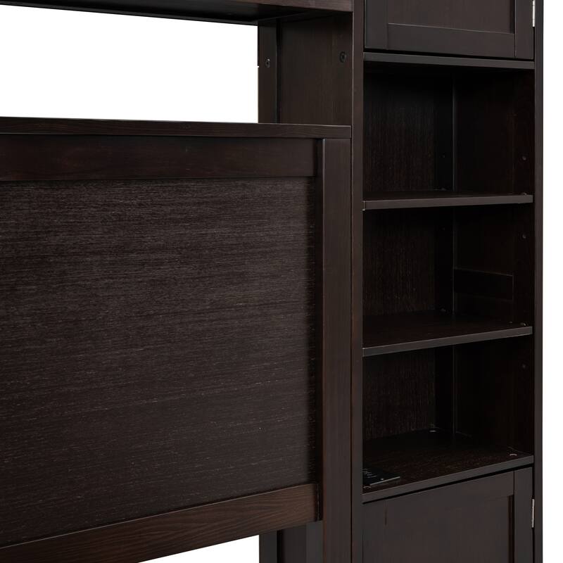 Espresso Platform Bed with Bookcase Headboard, Sockets, 2 Drawers & Pull-out Trundle Bed, Wood Slat Support Queen Bed Frame