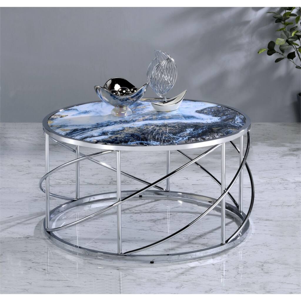 Lyda Coffee Table, Blue Marble Print & Chrome Finish