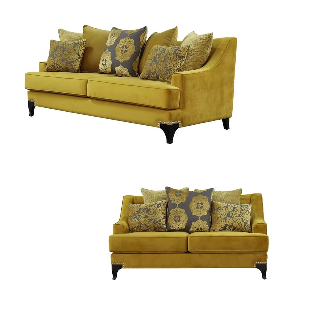 Visco 2pc Sofa, Loveseat Set, 8 Throw Pillows, Rivet Trim, Gold Yellow