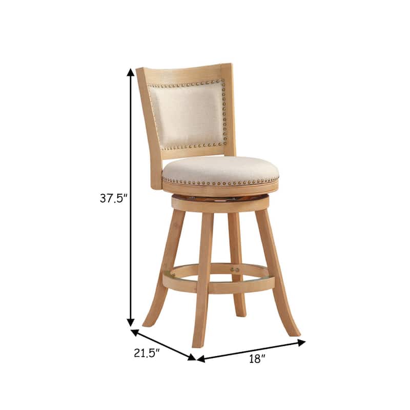 Kia 24 Inch Solid Wood Swivel Counter Stool, Curved Panel Back, Brass Nailheads, Ivory