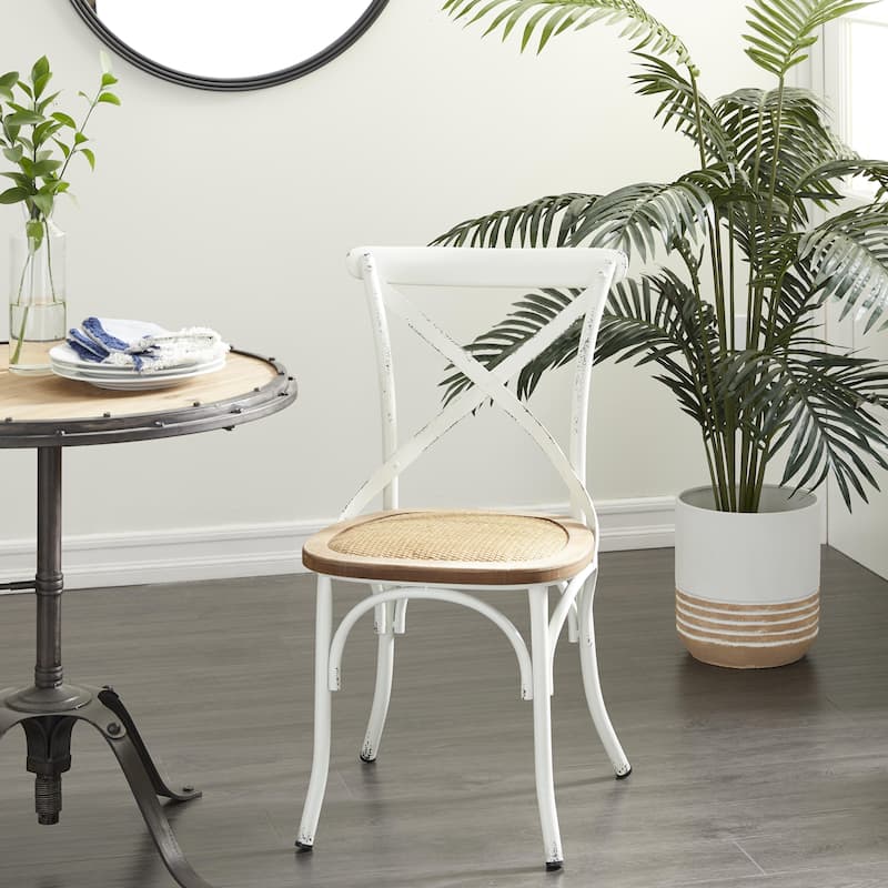 Metal Dining Chair with Brown Rattan Seat with or without Curved Details - Set of 2 Black or White - Roche River Decor