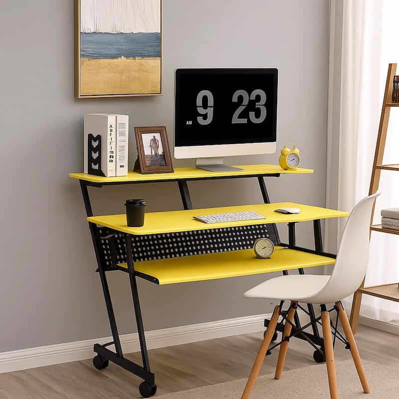 Rectangular Top Computer Desk with 1 Shelf and 1 Cupholder,Black and Yellow