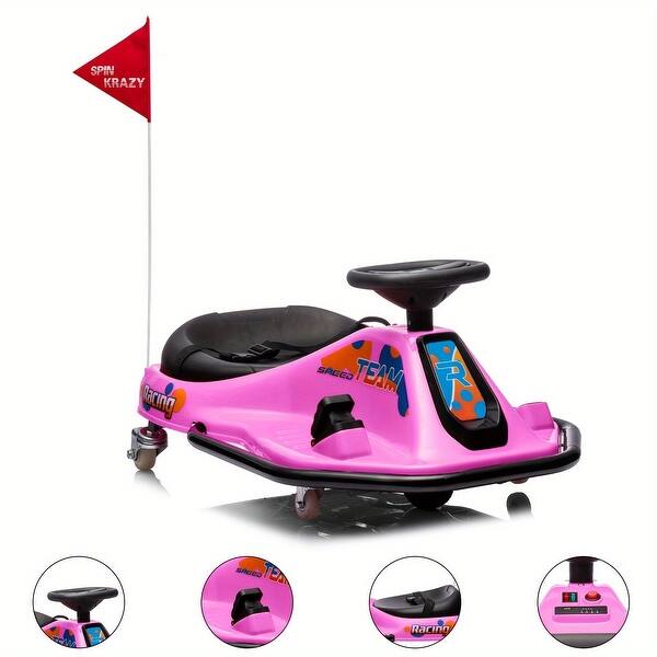 slide 2 of 5, 4V Ride On Drift Kart, 360 Degree Rotation, USB, Music, High/Low Speed, Racing, Pink Pink body + black seat