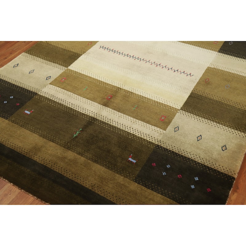 Green Gabbeh Indian Area Rug Handmade Wool Carpet - 5'3" x 7'8"
