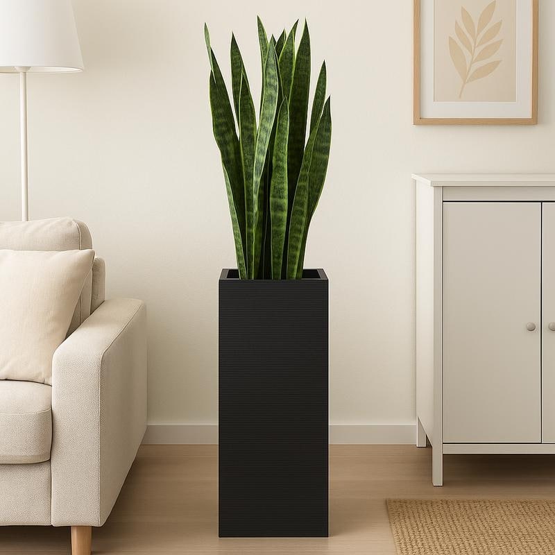 Basalt 20-31 Inch Large Tall Square Fiberstone Planter - Modern MGO Clay Outdoor Pot with Drainage - Multiple Sizes