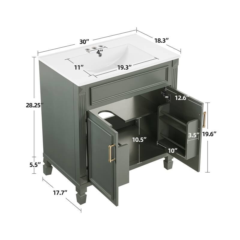 Modern 30" Freestanding Bathroom Vanity Cabinet Wood Frame with Ceramic Sink and Soft-Close Storage