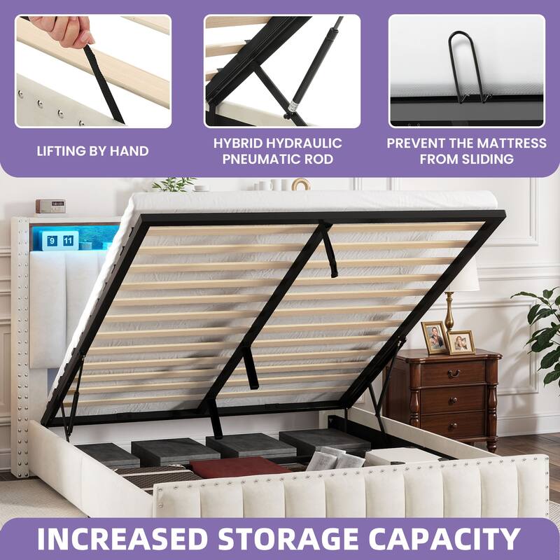 Lift Up Storage Nailhead Bed Frame with Charging Station, Velvet Upholstered Platform Bed with RGB LED Lights