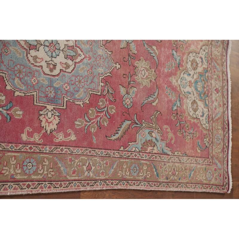 Hand Knotted Oriental 100% Wool Carpet Traditional Floral Pink Tabriz Runner Rug - 12' 9'' X 3' 3''