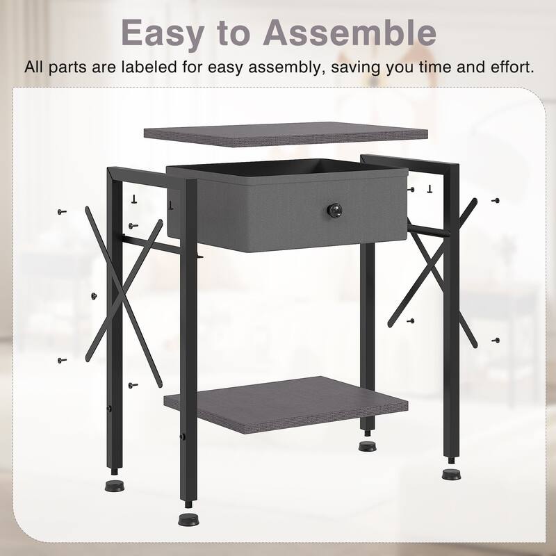 VECELO X Frame Nightstand with Removable Fabric Drawer Easy to Clean Nightstand Multifunctional End Table with Open Shelf