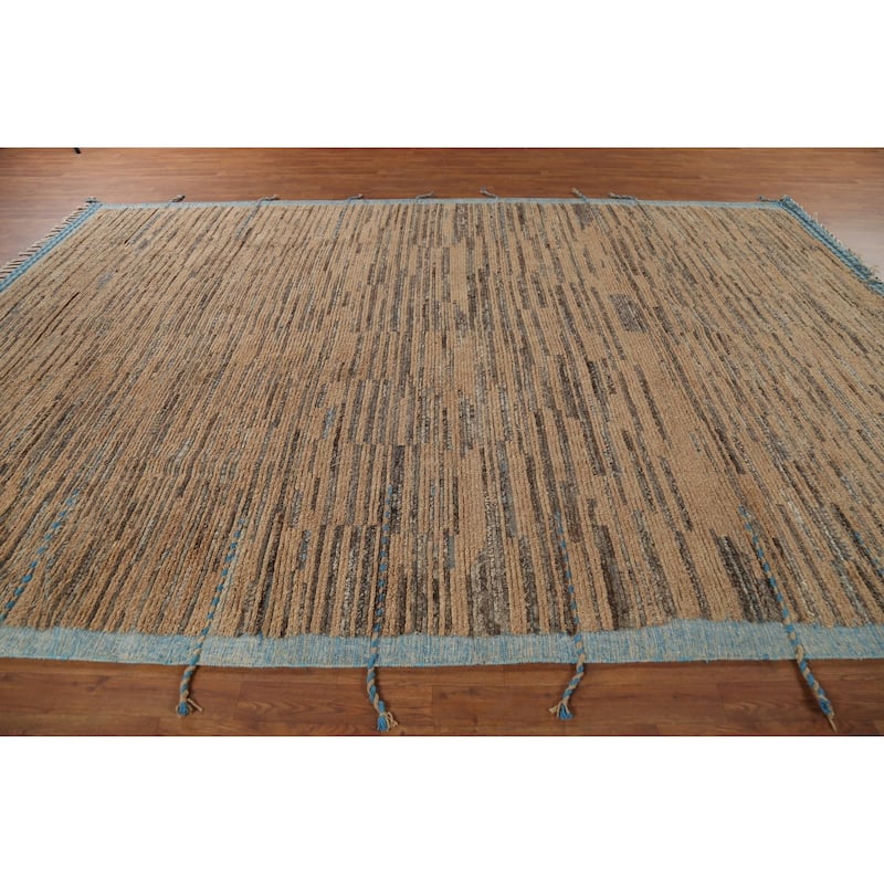 Brown Striped Moroccan Modern Area Rug Hand-Knotted Wool Carpet - 8'9"x 13'0"