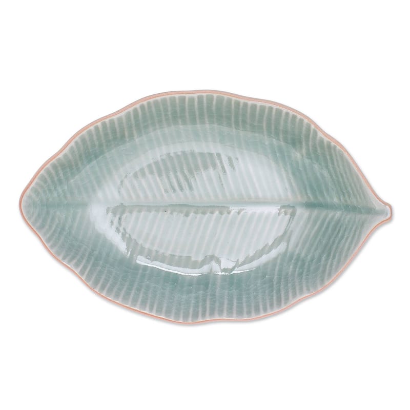 Novica Handmade Thai Leaf Celadon Ceramic Serving Bowl