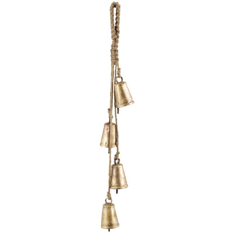 Metal Tibetan Inspired Indoor Outdoor Decorative Cow Bells with 4 Bells on Jute Hanging Rope - Gold - Roche River Decor